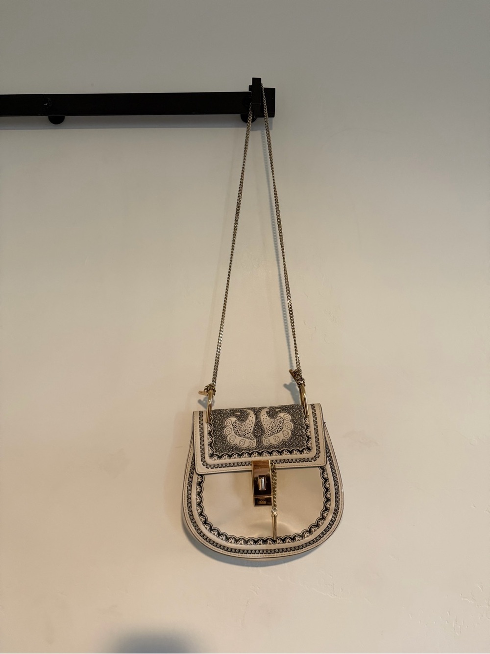 Chloe White/Black Embossed Leather Small Drew Bag